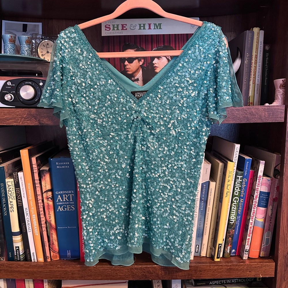 Sequined Silk Adrianna Papell Teal Blouse